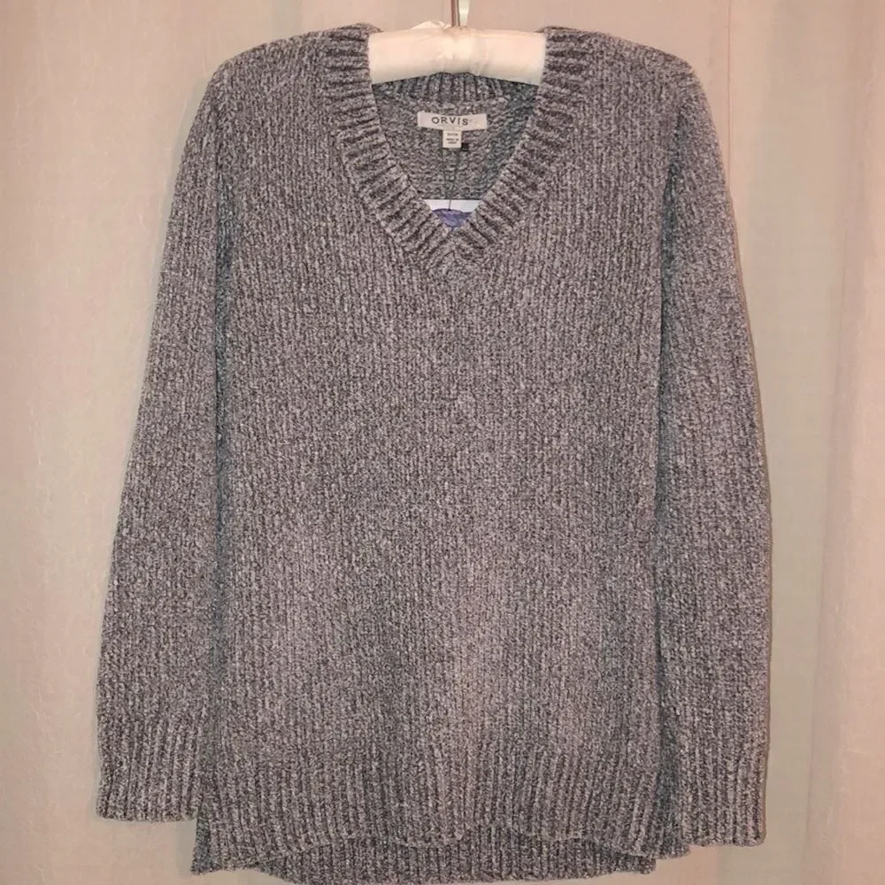 Orvis S Silver Gray Classic Collection Chenille Knit V-Neck Sweater